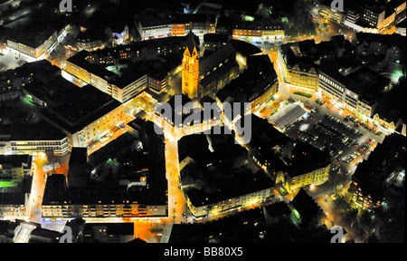 Aerial photo, night shot, city center, Lutherkirche Church, Christmas market, Castrop-Rauxel, Ruhr Area, North Rhine-Westphalia Stock Photo