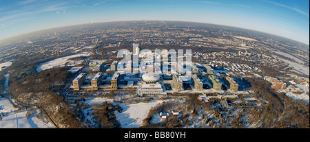 Aerial photo, RUB Ruhr-Universitaet Bochum, Ruhr University, Fisheye lens, snow, Bochum, Ruhr district, North Rhine-Westphalia, Stock Photo