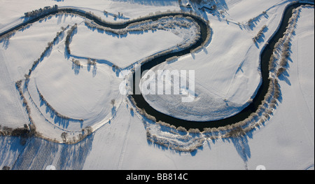 Aerial photo, Lippe river sinuosity near Flaesheim, snow, Haltern, Ruhr Area, North Rhine-Westphalia, Germany, Europe Stock Photo