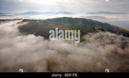 Aerial photo, morning fog in autumn over the south of Meschede, Sauerland, North Rhine-Westphalia, Germany, Europe Stock Photo