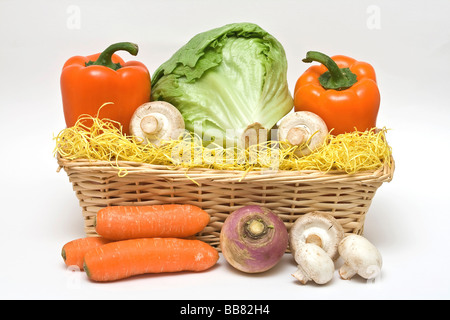 Coloured vegetable basket, iceberg lettuce, orange bell peppers, mushrooms, fresh carrots, round raddish Stock Photo