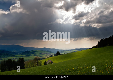 Storm clouds and sunrays, Black Forest, Baden-Wuerttemberg, Germany Stock Photo