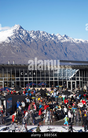 Lunch on the Terrace at Coronet Peak Ski Area with The Remarkables in the background Queenstown South Island New Zealand Stock Photo