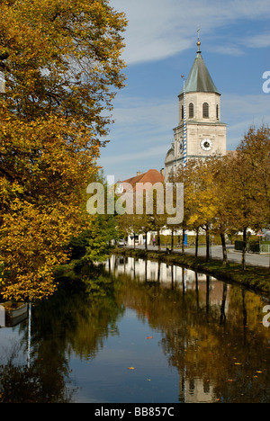 Ettlinger Bach, creek in front of Polling Abbey, former Monastery of the Augustinian Canons Regular, Polling, Pfaffenwinkel, Up Stock Photo