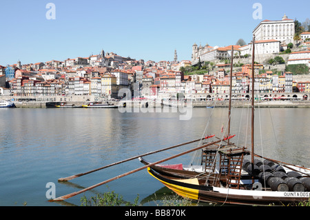 Port wine boats, Rio Douro, Vila Nova da Gaia, Northern Portugal, Europe Stock Photo
