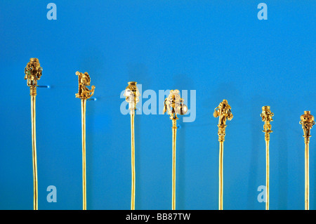 Pre-Columbian goldwork collection, hairpins, Gold Museum, Museo del Oro, Bogotá, Colombia, South America Stock Photo