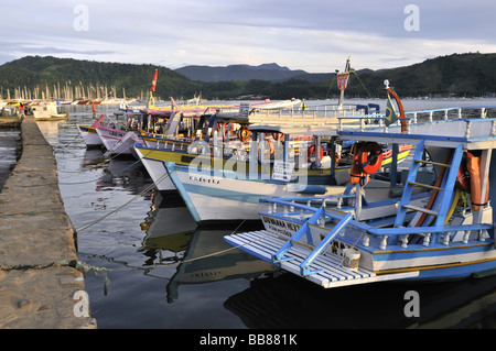 Fishing boats at pier, Paraty, Parati, Rio de Janeiro, Brazil, South America Stock Photo