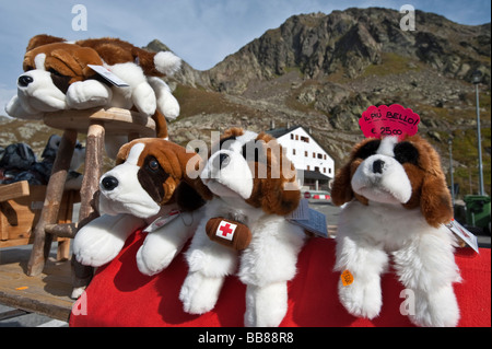 Soft toy St. Bernard dogs at a souvenir stand, Great St Bernard Pass