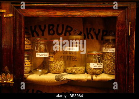 Jars of coffee in Algerian Coffee Stores on Old Compton Street, Soho, London Stock Photo