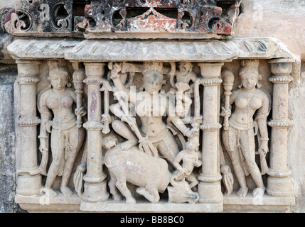 Stone carving on Magar Mandi Mata Mandir Hindu temple. This depicts the goddess Durga beheading Mahishasura as a bufffalo Stock Photo