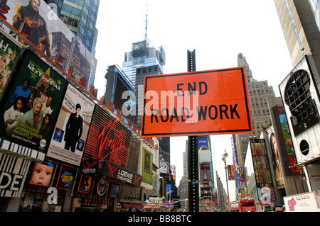 Sign, End road work, Times Square, Manhattan, New York, USA Stock Photo