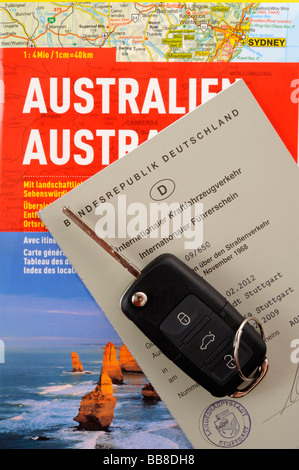 Roadmap Australia, car key, international driving license Federal Republic of Germany Stock Photo