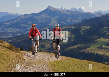 Mountain bikers at Mount Gaisberg near Wiegealm alp, Mount Kitzbuehler Horn behind, Rettenbach, Tyrol, Austria Stock Photo