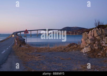 Sommaroy Bridge, Sommaroybrua, Sommaroy, Kvaloya, Kvaloya island, polar night, winter, Tromso, Troms, Norway Stock Photo