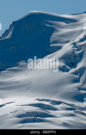 Mountaineers rope-team descending from the glaciated slopes of the Piz Palue, 3900 m above sea level, Bernina group, Grison Alp Stock Photo