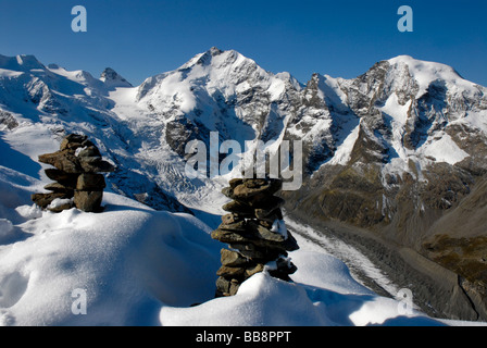 View from Munt Pers mountain, 3207 m above sea level, on the Bernina group with Piz Bernina, 4048 m above sea level, and Piz Mo Stock Photo