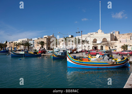 Traditional Maltese fishing boat, called Luzzu, port of Marsaxlokk, Malta, Europe Stock Photo