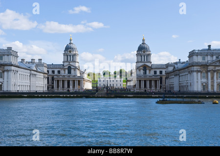 Left University of Greenwich aka Royal Naval College Queen Anne's Building Queen's House & Stairs King Charles Building River Thames Watergate view Stock Photo