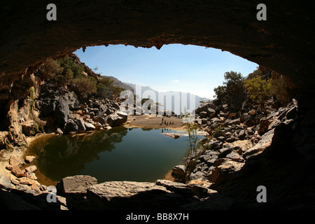 The hidden lake near the deserted village of Sab Bani Khamis in Jebel Shams in Oman Stock Photo