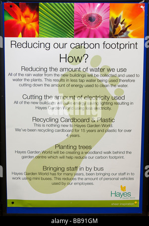 A poster outlining how Hayes Garden Centre is reducing its carbon footprint in Ambleside Cumbria UK Stock Photo