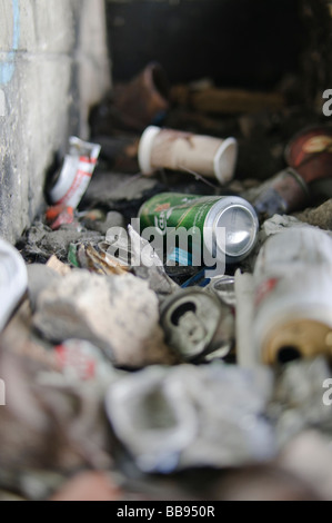 Pile of discarded litter including beer tins, drinks cans, crisp bags Stock Photo