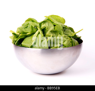 Baby Leaf Spinach in a Stainless Steel Bowl on white background Stock Photo