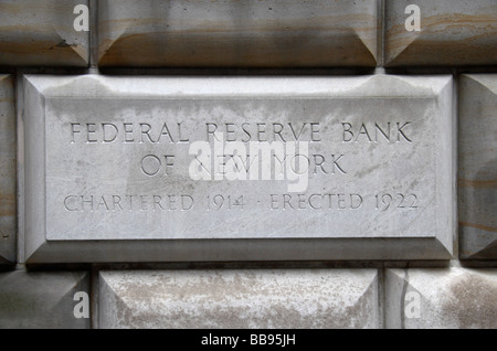 Memorial stone on the Federal Reserve Bank of New York. Stock Photo