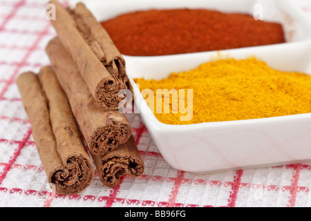 Cinnamon sticks with other spices used in cooking Stock Photo