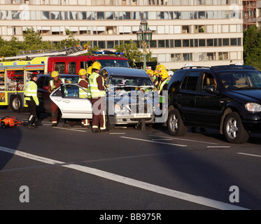 Emergency services removing the roof from a vehicle involved in an accident Westminster London England UK Stock Photo