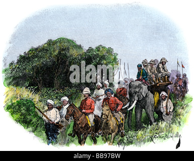 British hunting party in India en route to a tiger netting circa 1890. Hand-colored woodcut Stock Photo