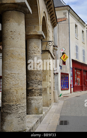 Columns of covered market building in the centre of Airvault, France Stock Photo