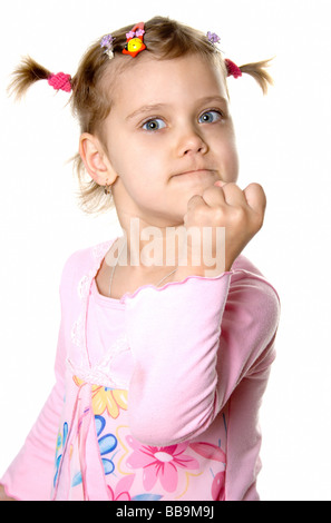 Angry little girl Isolate on white Stock Photo