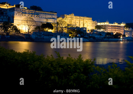 India Rajasthan Udaipur The city palace complex at night Stock Photo