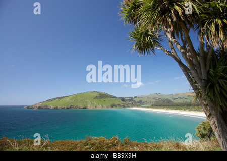 View across Purakanui Bay to Potato Point seen from Mapoutahi Historic Maori Pa Site north of Dunedin South Island New Zealand