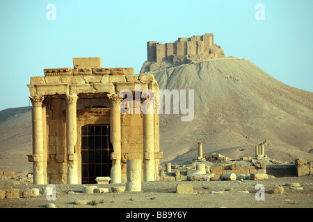 Roman Temple of Baal-Shamin and Arab Castle Qalaat Ibn Maan in Palmyra Syria Stock Photo