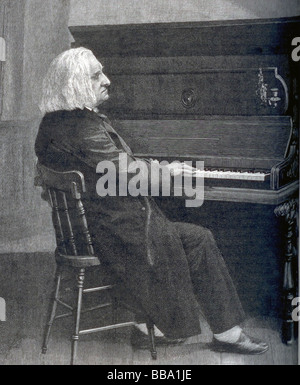 Portrait of the Austrian classic composer Franz Liszt playing the piano in 1886. Stock Photo