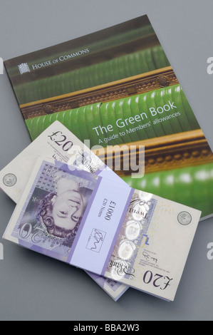 The Official House of Commons Rulebook on Allowances underneath a pile of £20 notes,symbolising MP's abuse of expenses. Stock Photo