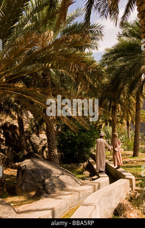 Aflaj ancient water irrigation system in the village of Misfat Al Abriyyin in Jabal Al Akhdar, Dhakiliya region Oman Stock Photo