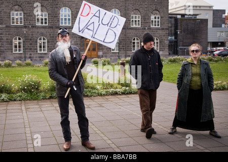 Reykjavik Iceland October 14. Demonstrators standing in front of The Icelandic Parliament, Althingi Stock Photo