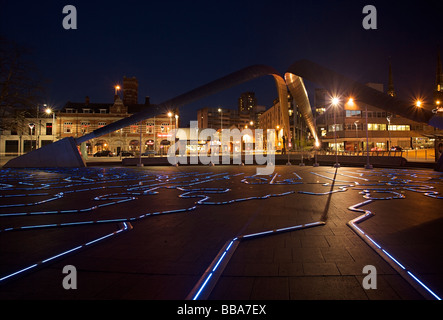 The Millennium Place at night showing the Whittle Arch and Time Zone Clock, Coventry, West Midlands of England Stock Photo