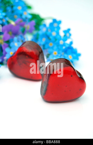 Two glass hearts with Forget-me-nots (Myosotis) and Aubretia (Aubrieta) Stock Photo
