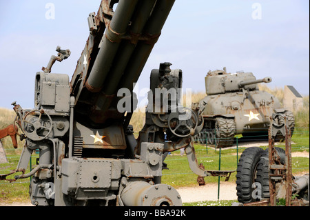 D-Day 90mm flak Sherman tank Utah beach Sainte Marie du Mont Manche Normandy France WWII Stock Photo