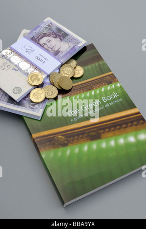 The Official House of Commons Rulebook on Allowances underneath a pile of cash, symbolising MP's abuse of expenses. Stock Photo