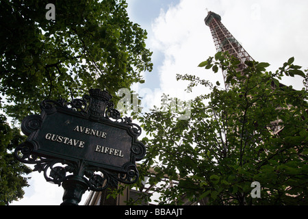 View of the Eiffel Tower from Avenue Gustave Eiffel Stock Photo