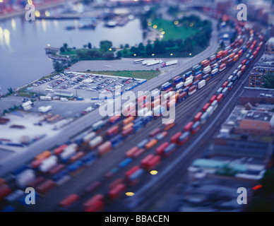 Cargo trains in a shunting yard, tilt-shift photography Stock Photo