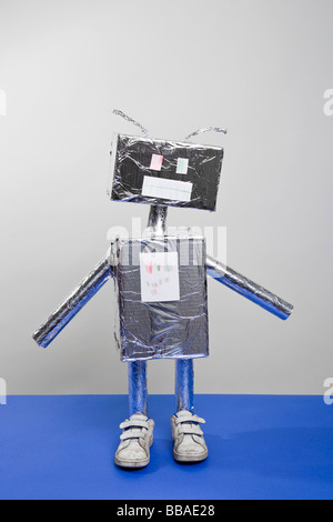 A robot made of boxes and tin foil Stock Photo