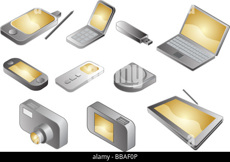 Illustration of various electronic gadgets in isometric format Stock Photo