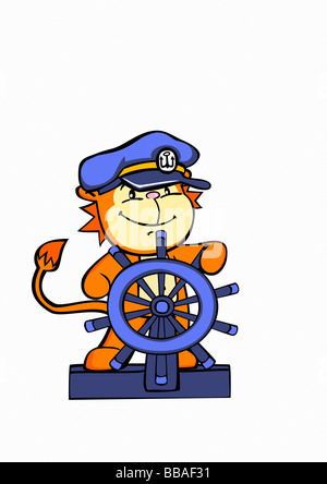 A lion sea captain steering a ship's helm Stock Photo