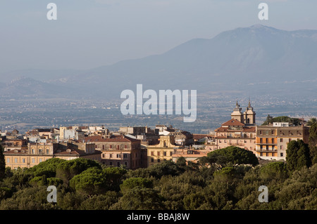 View of Frascati and beyond, to the Roman Hills in the far distance. Lazio, Italy Stock Photo