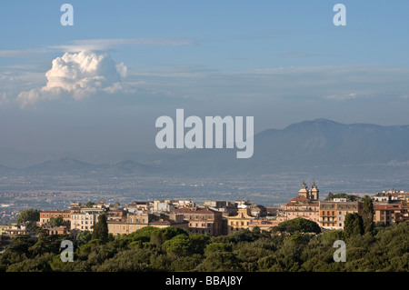 View of Frascati and beyond, to the Roman Hills in the far distance. Lazio, Italy Stock Photo